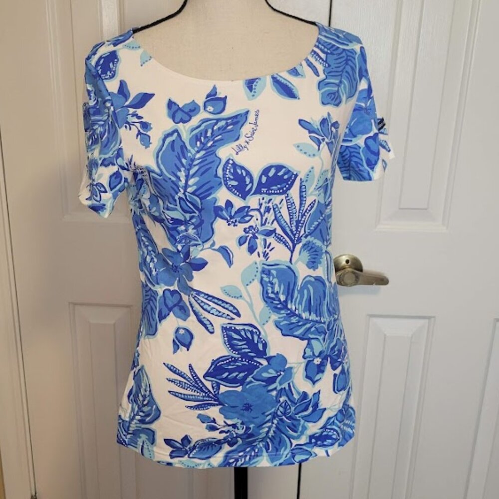 Lilly Pulitzer x Saint James Soleil Azur Blue Floral Tee Garde-cote  Med NWT
